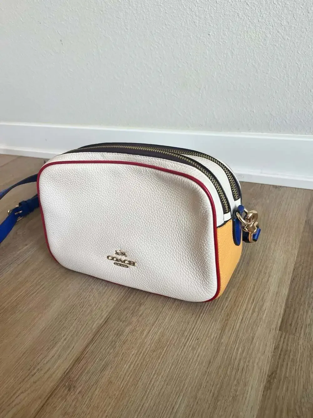 Coach, Color Block Pebble Leather, 2 Zipper Crossbody,Neutral,Gold,Luxury,Travel